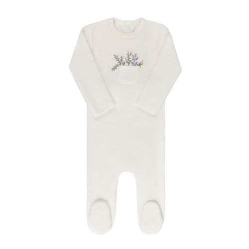 Ely's & Co. Velour Pocket Full of Flowers Footie & Beanie - Ivory/Blue