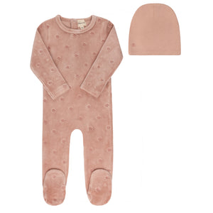 Ely's & Co Velour Embroidered Floral Footie & Beanie - Pink