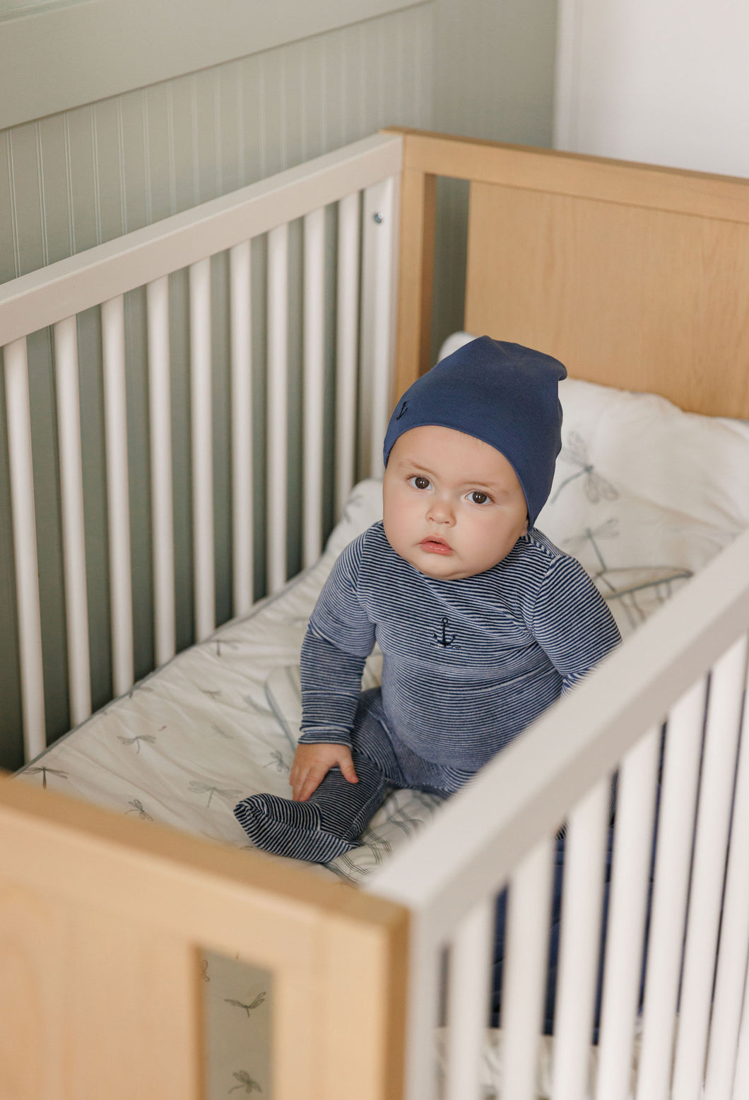 Ely's & Co Velour Stripe Footie & Beanie - Dark Blue