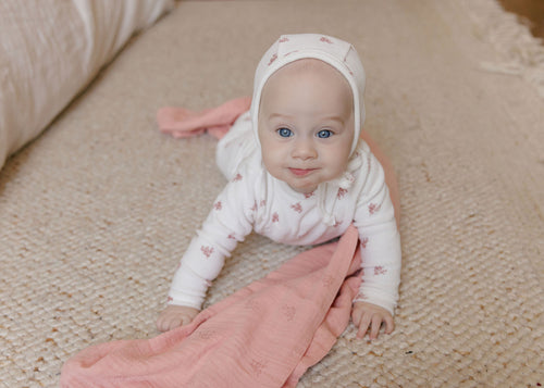 Ely's & Co Velour Leaf Pattern Footie & Bonnet - Ivory Girl