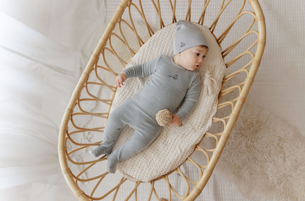 Ely's & Co Velour Stripe Footie & Beanie - Light Blue