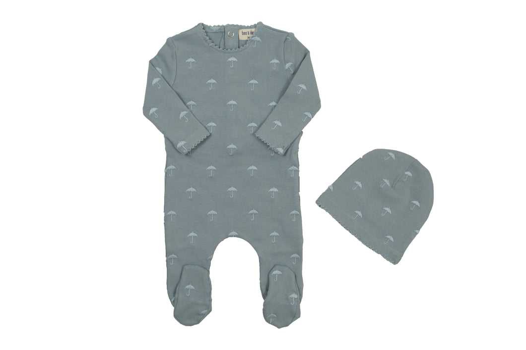 Bee and Dee All Over Embroidered Footie, Beanie & Blanket - Medium Blue