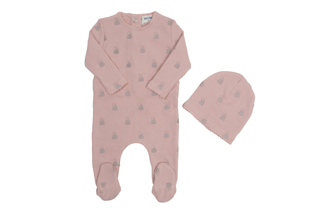 Bee and Dee All Over Embroidered Footie and Beanie - Petal Pink