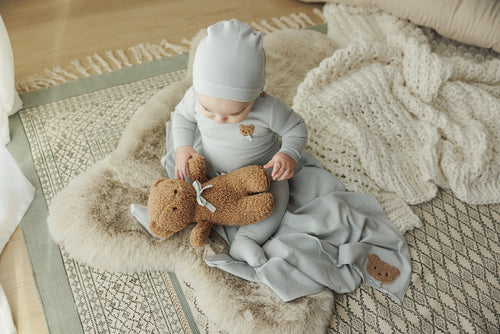 Lil Legs Bear Applique Footie & Beanie - Pale Blue