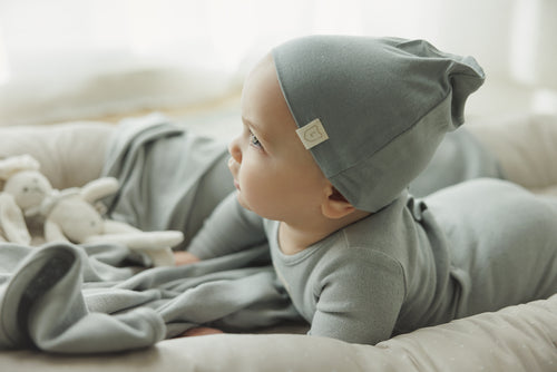 Lil Legs Pointelle Emblem Footie & Beanie - Light Blue