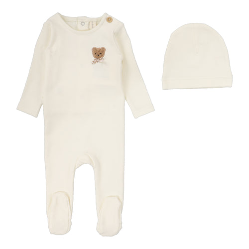 Lil Legs Bear Applique Footie & Beanie - Cream