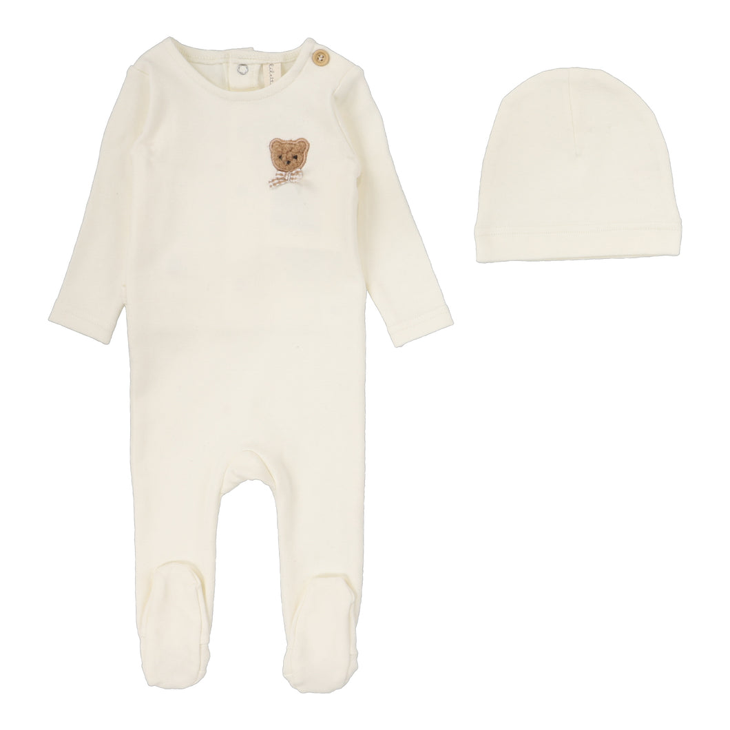 Lil Legs Bear Applique Footie & Beanie - Cream