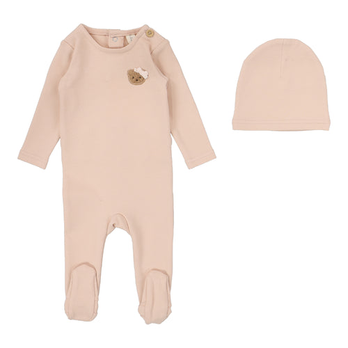 Lil Legs Bear Applique Footie & Beanie - Dusty Pink