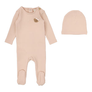 Lil Legs Bear Applique Footie & Beanie - Dusty Pink