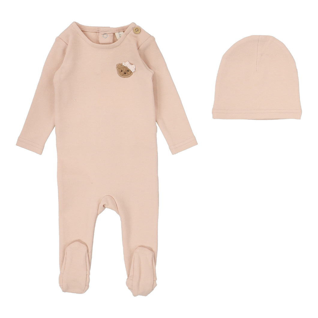 Lil Legs Bear Applique Footie & Beanie - Dusty Pink