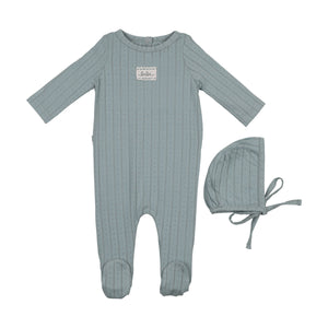Maniere Bebe Pointelle Footie & Bonnet - Blue