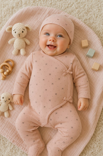Maniere Bow Wrap Footie and Beanie - Dusty Mauve