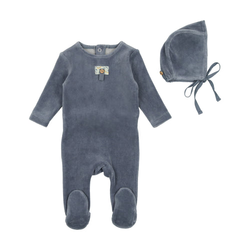 Bee and Dee Velour Button Applique Footie and Beanie - Storm Blue
