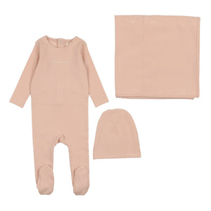 Lil Legs Cotton Word Footie, Beanie & Blanket - Shell Pink