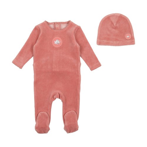 Bee and Dee Center Print Velour Footie and Beanie - Grapefruit