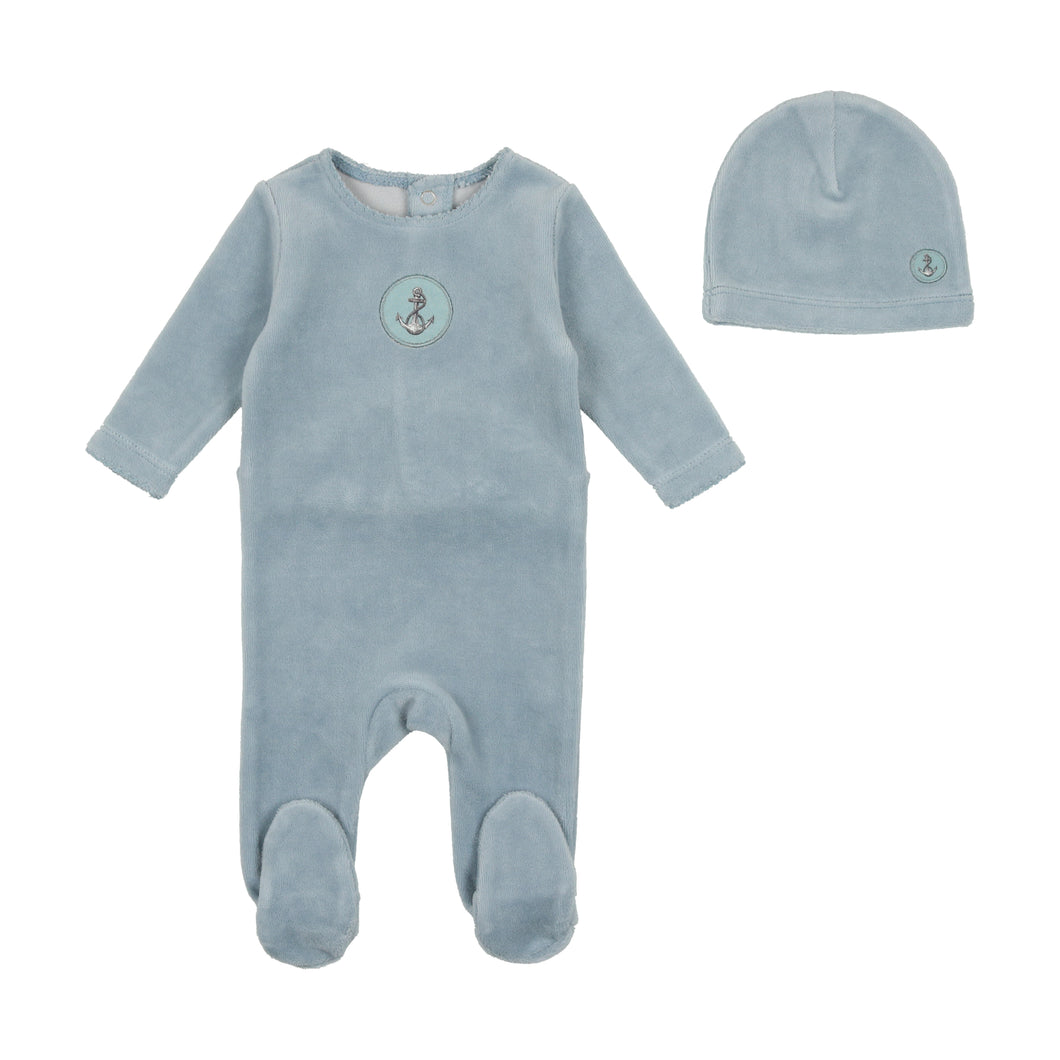Bee and Dee Center Print Velour Footie and Beanie - Ocean Blue