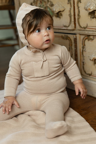 Bee and Dee Chevron Knit Footie, Bonnet & Blanket - Toasted Almond