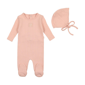Bee and Dee Classic Pointelle Collection Footie With Bonnet - Dusty Pink