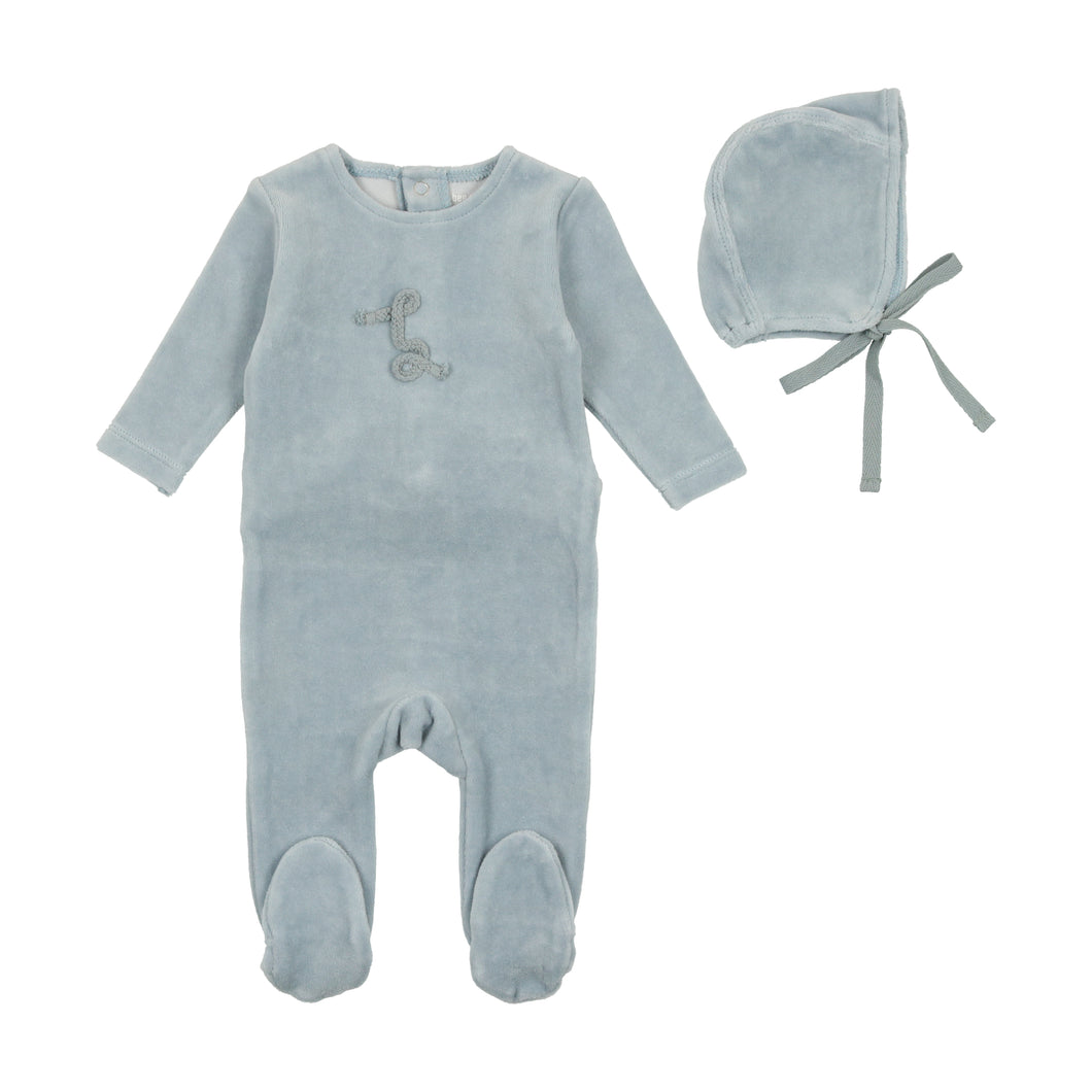 Bee and Dee Classic Velour Footie and Bonnet - Powder Blue
