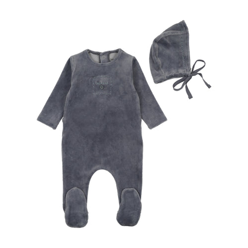 Bee and Dee Cute as a Button Velour Footie & Bonnet - Blue Horizon
