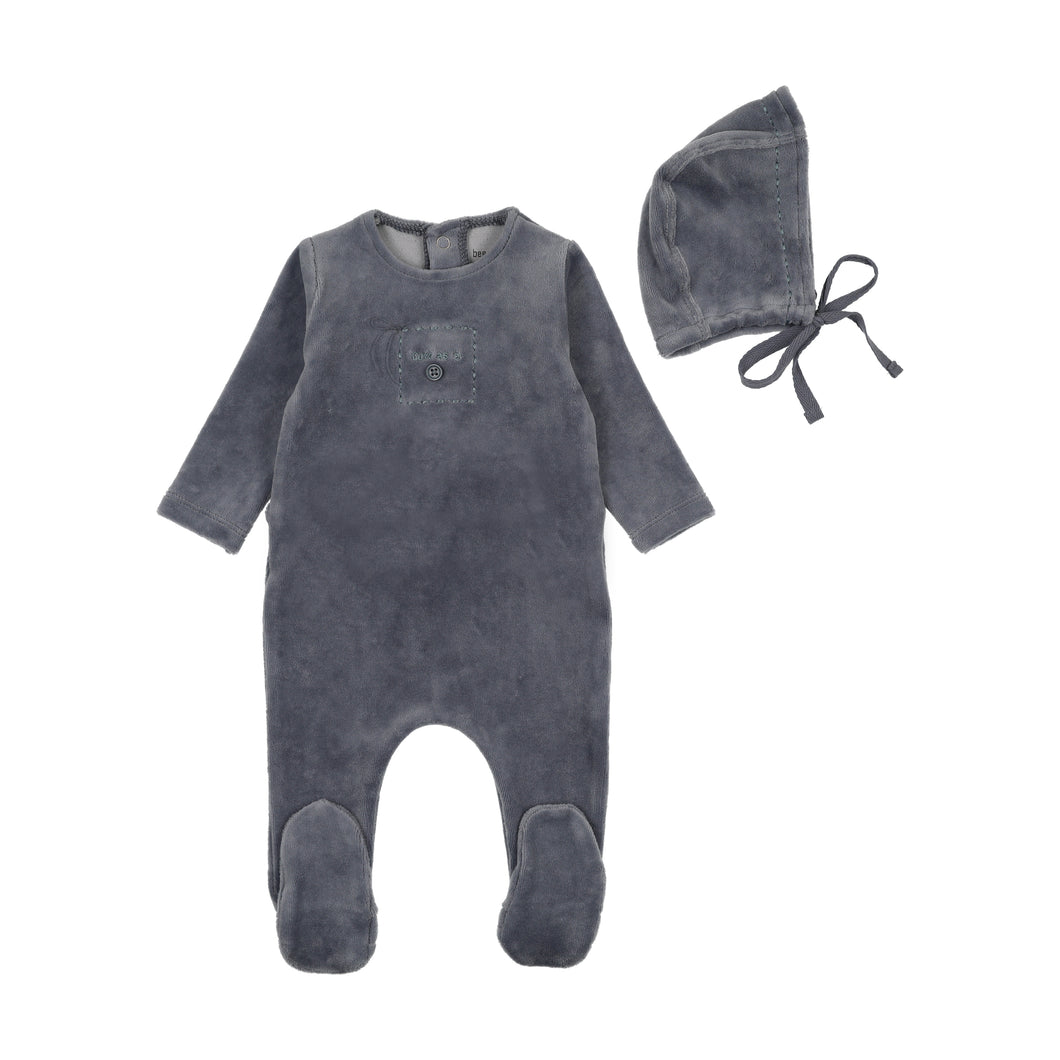Bee and Dee Cute as a Button Velour Footie & Bonnet - Blue Horizon
