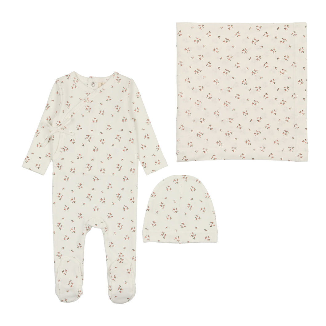 Lil Legs Dainty Floral Footie, Beanie & Blanket - Winter White