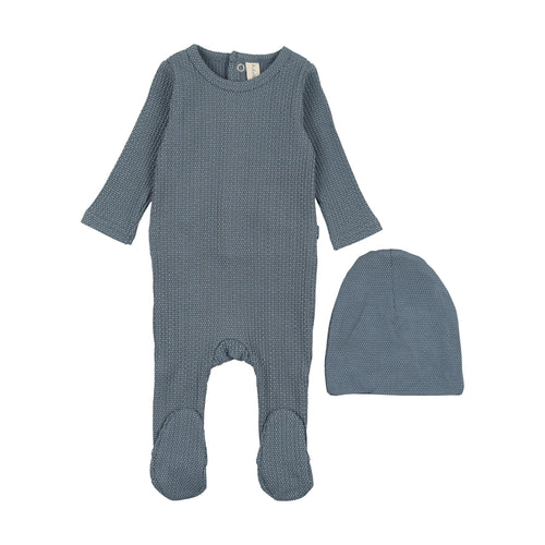 Lil Legs Dotted Rib Footie and Beanie - Blue/Ivory