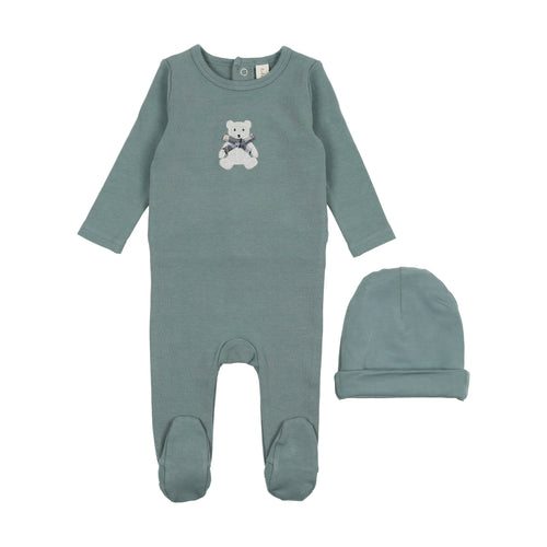 Lil Legs Embroidered Footie and Beanie - Blue Bear