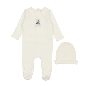 Lil Legs Embroidered Footie and Beanie - White Bear