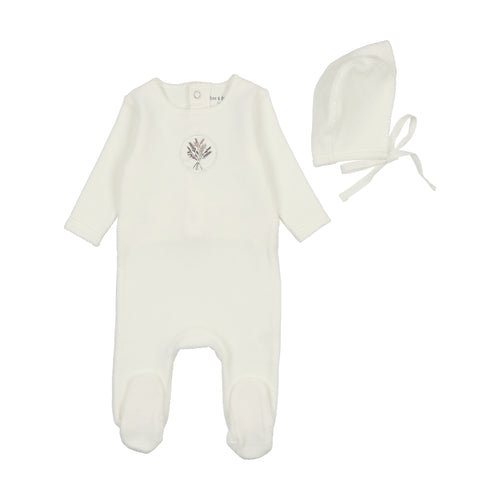 Bee and Dee Embroidered Center Embossed Velour Footie & Bonnet - White Boys