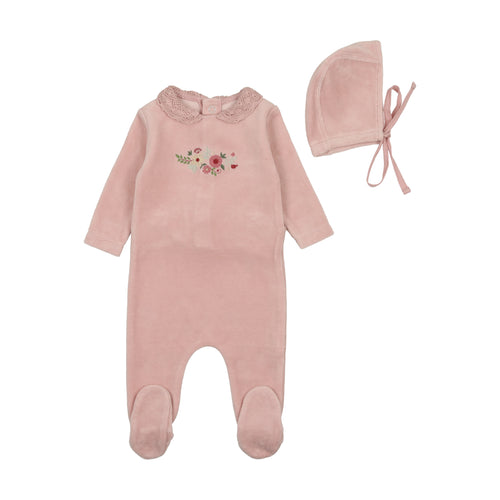 Bee and Dee Embroidered Flowers Footie & Bonnet - Creme Pink