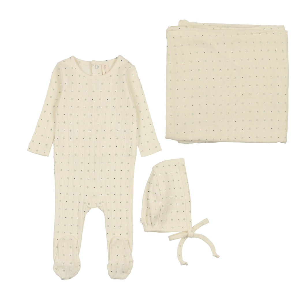 Lil Legs Linear Printed Footie, Bonnet & Blanket - Cream/Navy Dot