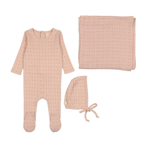 Lil Legs Linear Printed Footie, Bonnet & Blanket - Shell Pink