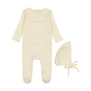Lil Legs Mon Amour Footie and Bonnet - Ivory/Taupe