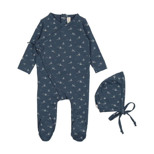 Lil Legs Nautical Footie and Bonnet - Slate