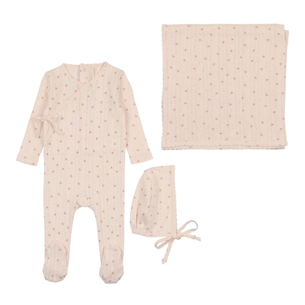 Lil Legs Printed Pointelle Wrap Footie, Bonnet & Blanket - Shell Pink