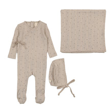 Load image into Gallery viewer, Lil Legs Printed Pointelle Wrap Footie, Bonnet &amp; Blanket - Taupe