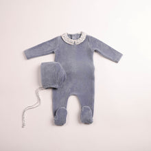 Load image into Gallery viewer, Bee and Dee Petit Fleurs Velour Footie &amp; Bonnet - Blue Haze