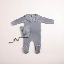 Load image into Gallery viewer, Bee and Dee Pleated Knit Velour Footie &amp; Bonnet - Ocean Blue