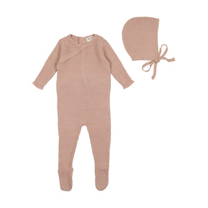 Bee and Dee Pointelle Knit Collection Footie With Bonnet - Darling Pink