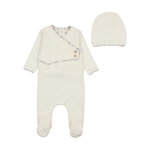 Bee and Dee Print Trim Velour Wrap Footie & Beanie - Ivory Boys