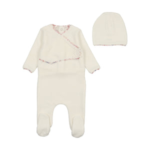 Bee and Dee Print Trim Velour Wrap Footie & Beanie - Ivory Girls