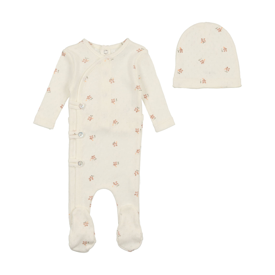 Bee and Dee Printed Pointelle Footie and Beanie - Light Base Girl