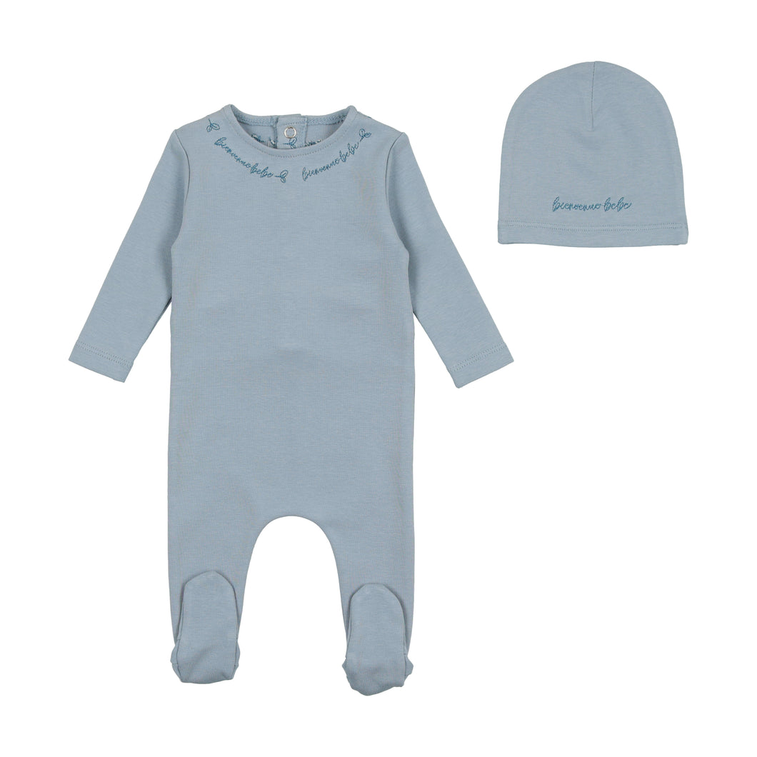 Bee and Dee Script Cotton Footie and Beanie - Dusty Blue