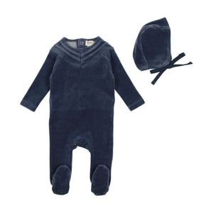 Bee and Dee Velour Pleat Footie and Bonnet - Storm Blue