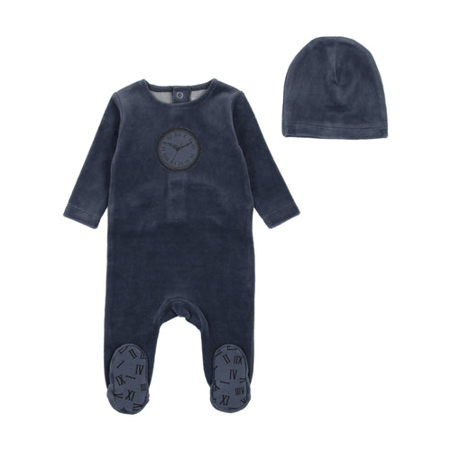 Bee and Dee Velour Clock Footie & Beanie - True Navy