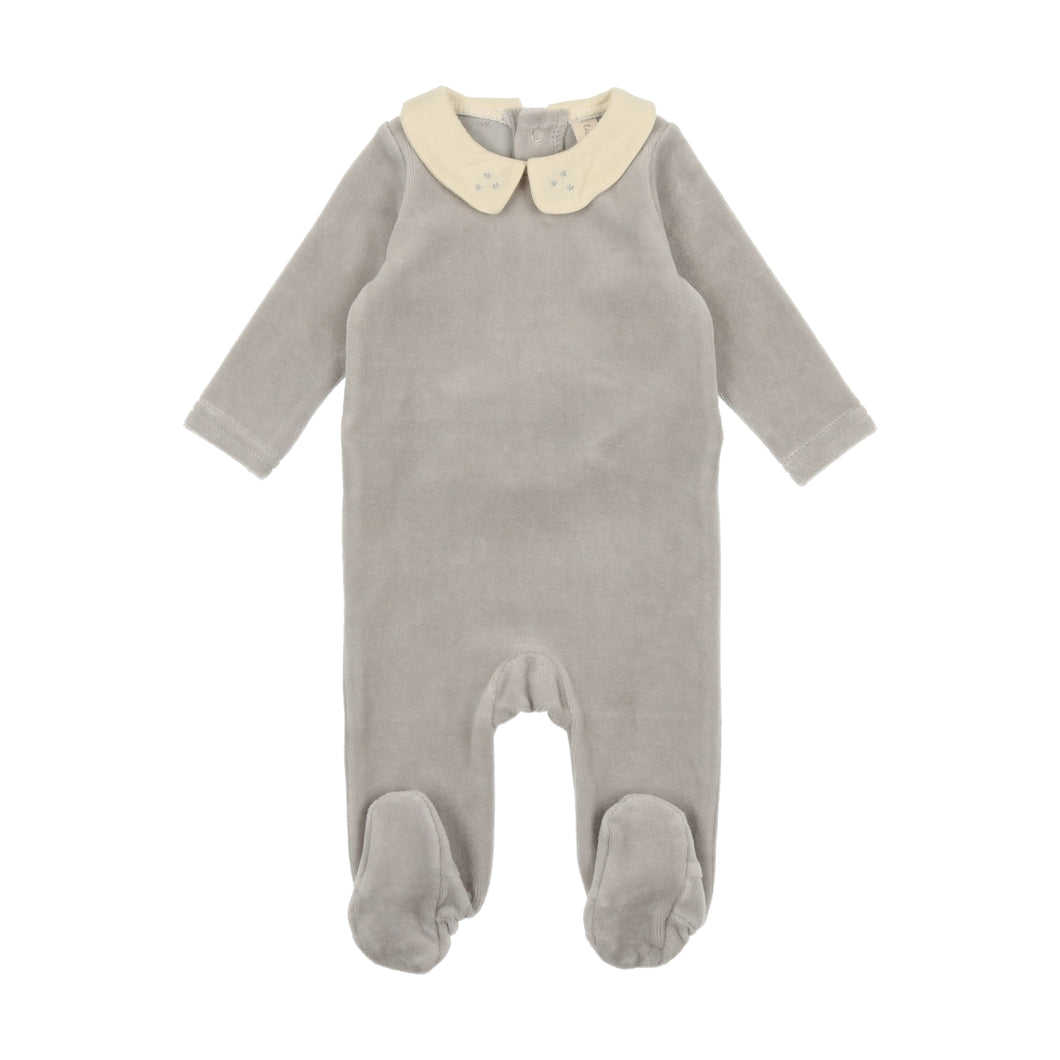 Lil Legs Velour Collared Footie and Beanie - Dusty Blue