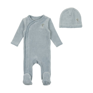 Bee and Dee Velour Embroidered Edge Footie and Beanie - Cloud Blue