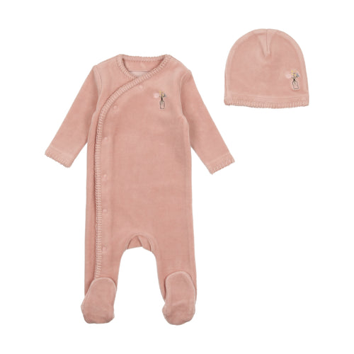 Bee and Dee Velour Embroidered Edge Footie and Beanie - Dusty Pink