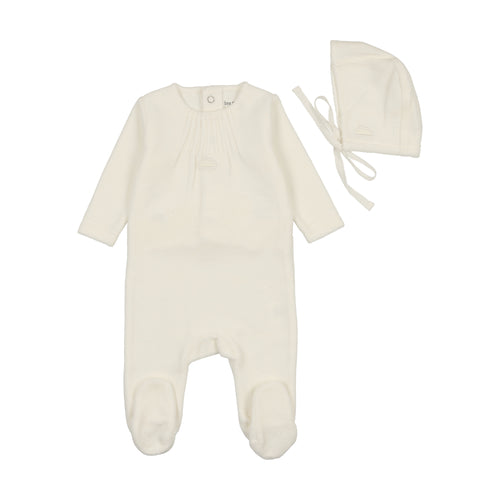 Bee and Dee Velour Pleated Footie, Bonnet & Blanket - Ivory